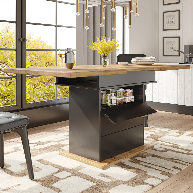 Extendable Dining Table With Storage Levels, Black