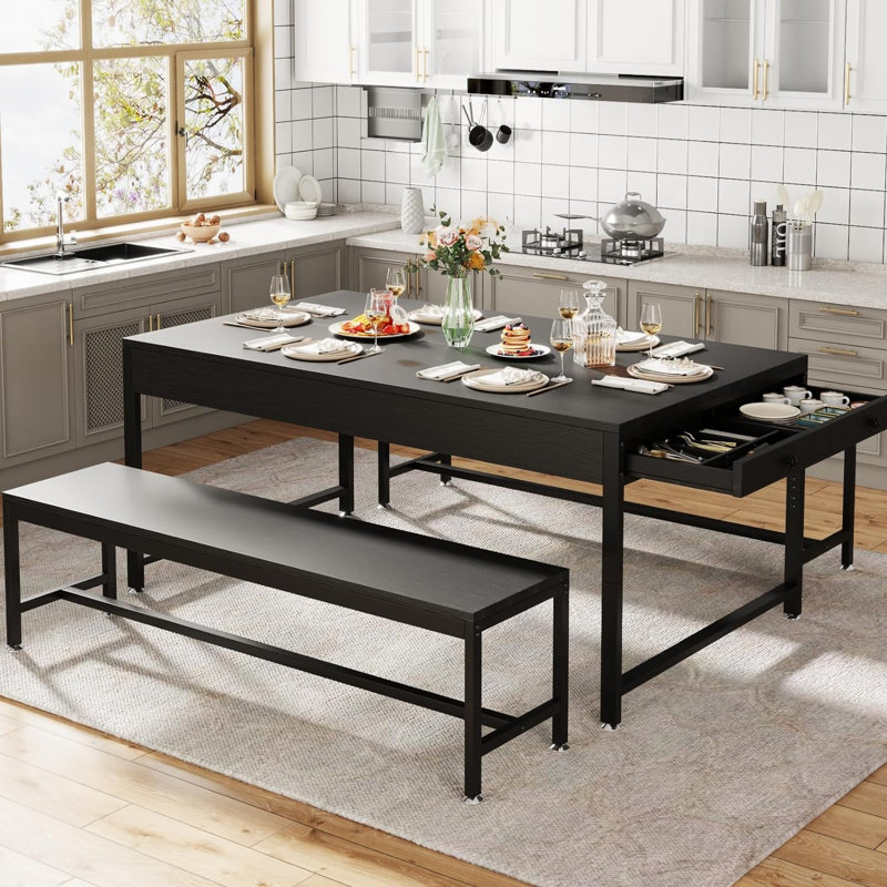 Black 63" Modern Dining Table Set with Benches and Storage