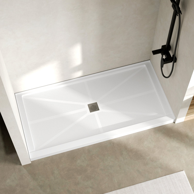 DeerValley 72"L x 36"W Shower Base in White, SMC Rectangle Single-Threshold Shower Pan, Center Drain, Non-Slip Shower Tray, Drain Cover Included,