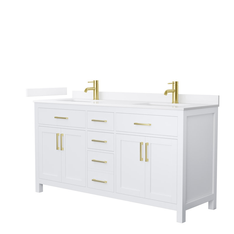 White Double Freestanding Bathroom Vanity with Gold Hardware and Quartz Top