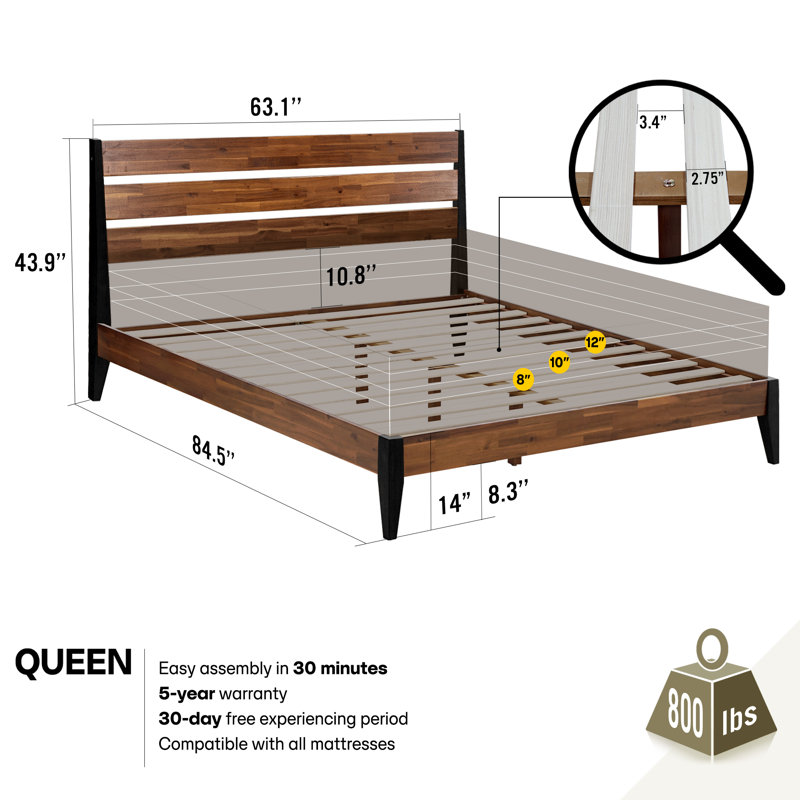 Base de lit plateforme en bois massif Acacia Premium Emery avec tête de lit incluse, aucun sommier requis, capacité de poids de 800 lb.