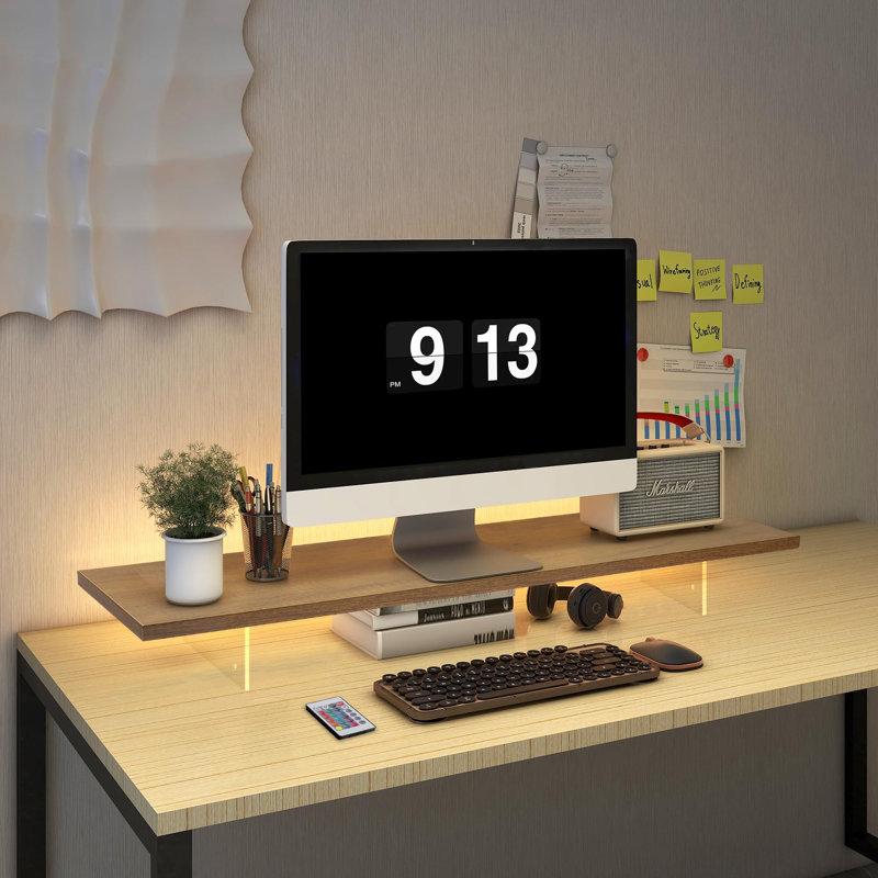 Monitor Stand Riser,Wood & Acrylic Computer Monitor Stand With LED Light,Desk Accessories Desktop Organizer Stand For Computer,Laptop,Printer,PC & TV Screen Riser