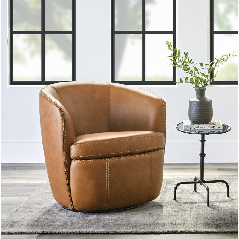Fauteuil demi-tonneau pivotant 100% cuir italien Crandell, Cuir véritable caramel