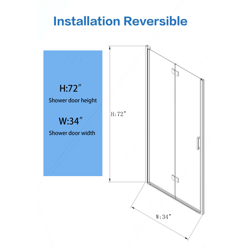 Semi-Frameless Folding Pivot Hinged Shower Door 34-35.2 In. W X 72 In. H,1/4" (6Mm) Tempered Glass,Bathroom Bifold Panel, Reversible Installation,Matte Black