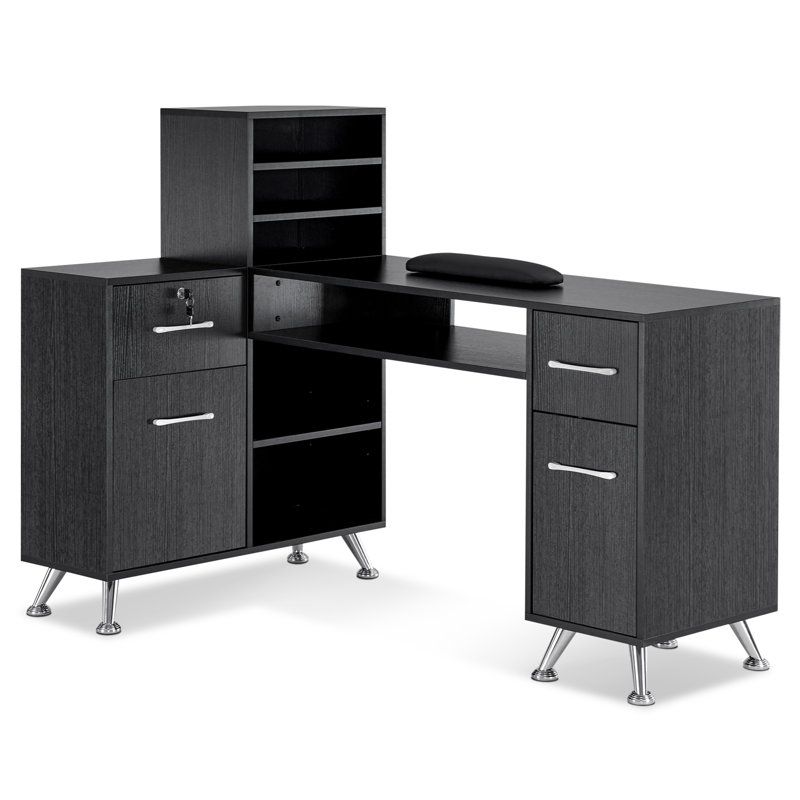 BarberPub L-Shape Nail Desk with Multiple Drawer and Storage Cabinet, Black/Silver