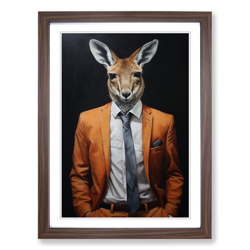 Kangaroo In A Suit Painting No.2 - Single Picture Frame Print on Wood, Walnut Framed, 64cm H x 46cm W x 2cm D
