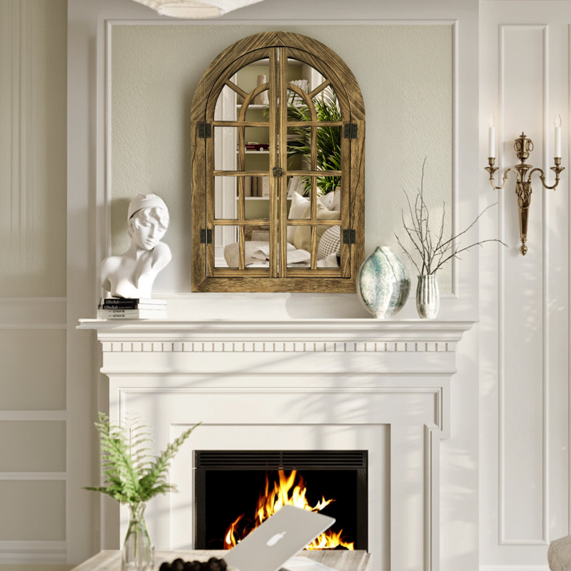 Miroir mural de fenêtre en bois Farmhouse, 30 po x 20 po, Bois naturel