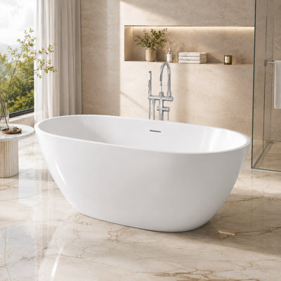 Baignoire autoportante ovale en acrylique de 165 cm (65 po) avec bonde centrale et trop-plein intégré, blanc brillant