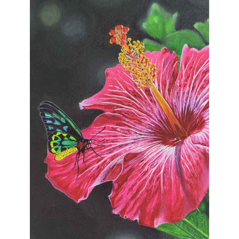 «Beautiful Flower with Butterfly», peinture acrylique sur toile par Sannidha - Art mural floral fantaisiste pour décor de chambre à coucher