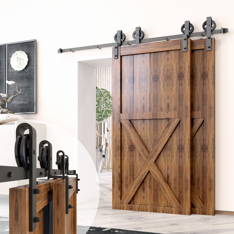 Ensemble de quincaillerie à deux portes pour contour à une voie et à roue noire rustique (porte non incluse), 96 po