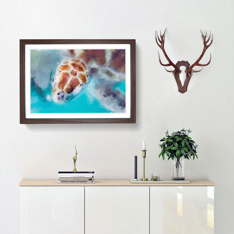 Green Sea Turtle in Abstract - Picture Frame Graphic Art Print, 62cm H x 87cm W x 2cm D, Walnut Framed