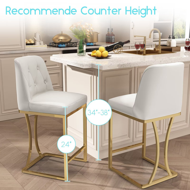 24" White and Gold PU Leather Counter Stools with Metal Frame, Set of 4
