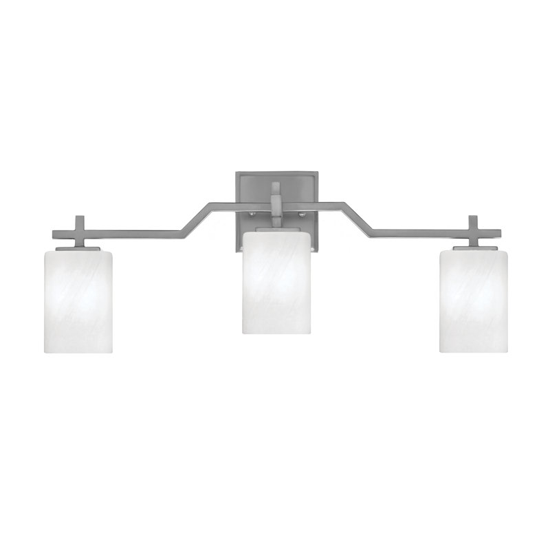 Barre de bain Headland illustré avec verre de marbre blanc de 4 po, Trois lumières, Nickel