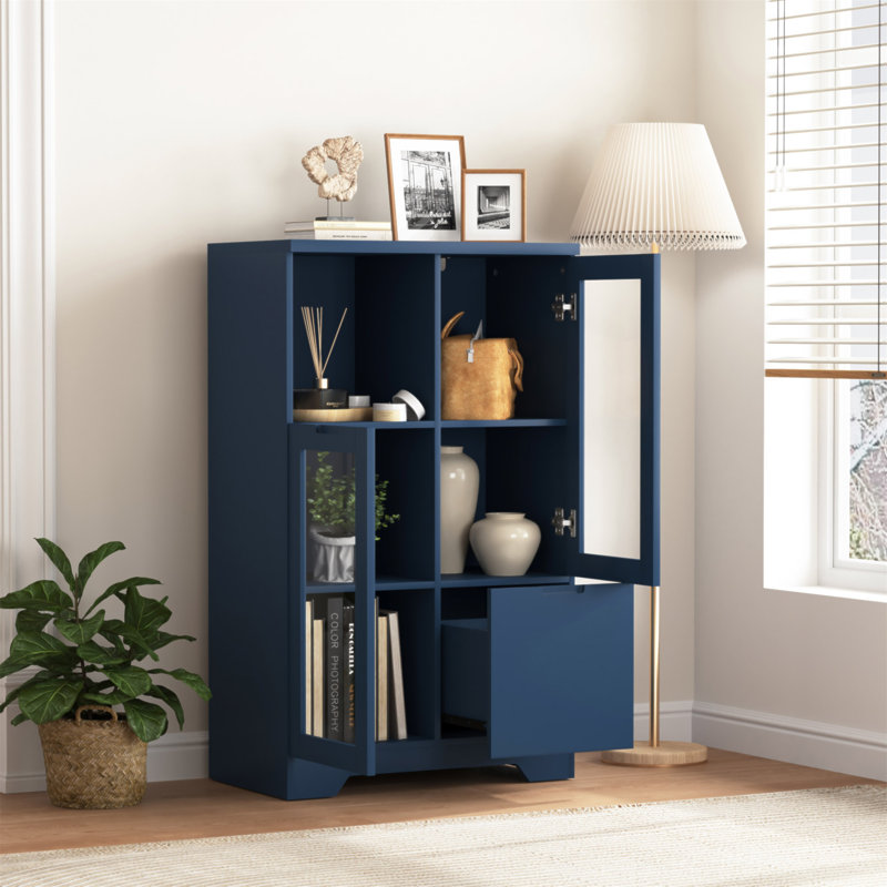 Armoire de plancher en bois avec 2 portes en verre et 2 espaces de rangement, entrée de salle de bain de salon, Marine