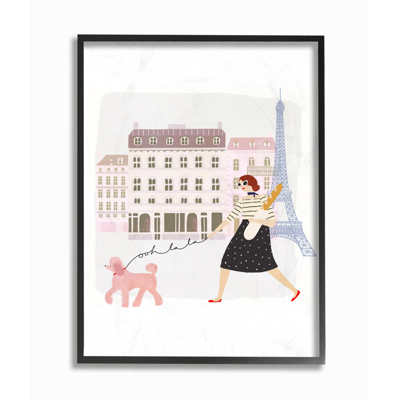 «Eiffel Tower Scene Paris Girl with a Baguette Walking Her Dog», impression, H 20 po x l 16 po x P 1,5 po