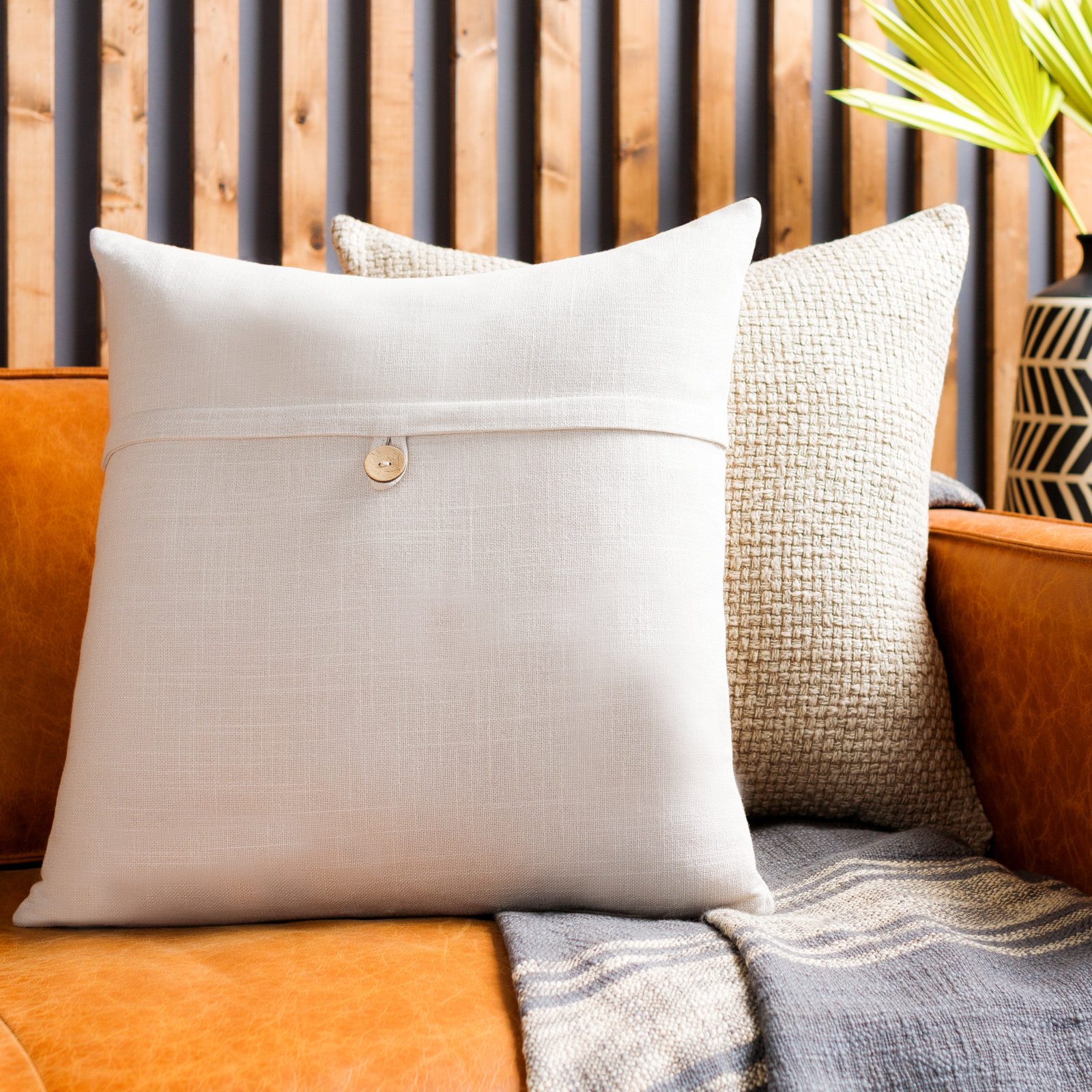 Leigh Buttons Cotton Throw Pillow, 20" x 20", Off White, Polyester