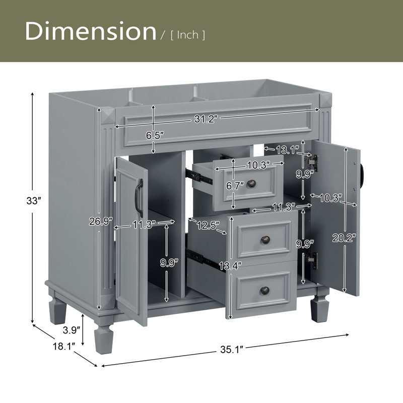 Meuble-lavabo 36 po sans lavabo supérieur, armoire seulement, armoire de rangement moderne avec 2 portes à fermeture douce et 2 tiroirs