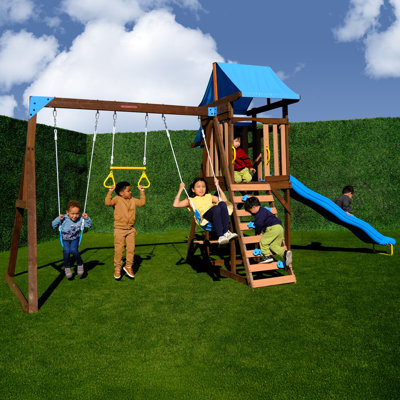 Sportspower™ Rosemont Wooden Swing Set With 2 Swings, Trapeze, Play Fort With Rock Climber, Bench With Table, Sandbox, On 8' Slide, Bonus 4-piece Anch