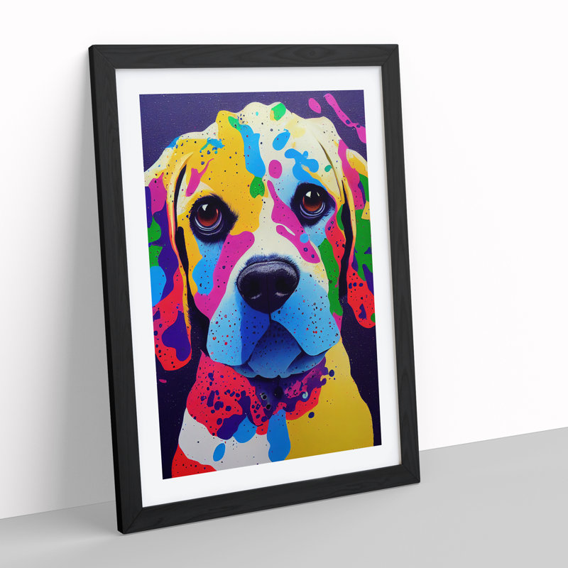 XV1022-4074X Splashed Dog No.1 Abstract - Print, White, 66cm H x 48cm W, Black Framed