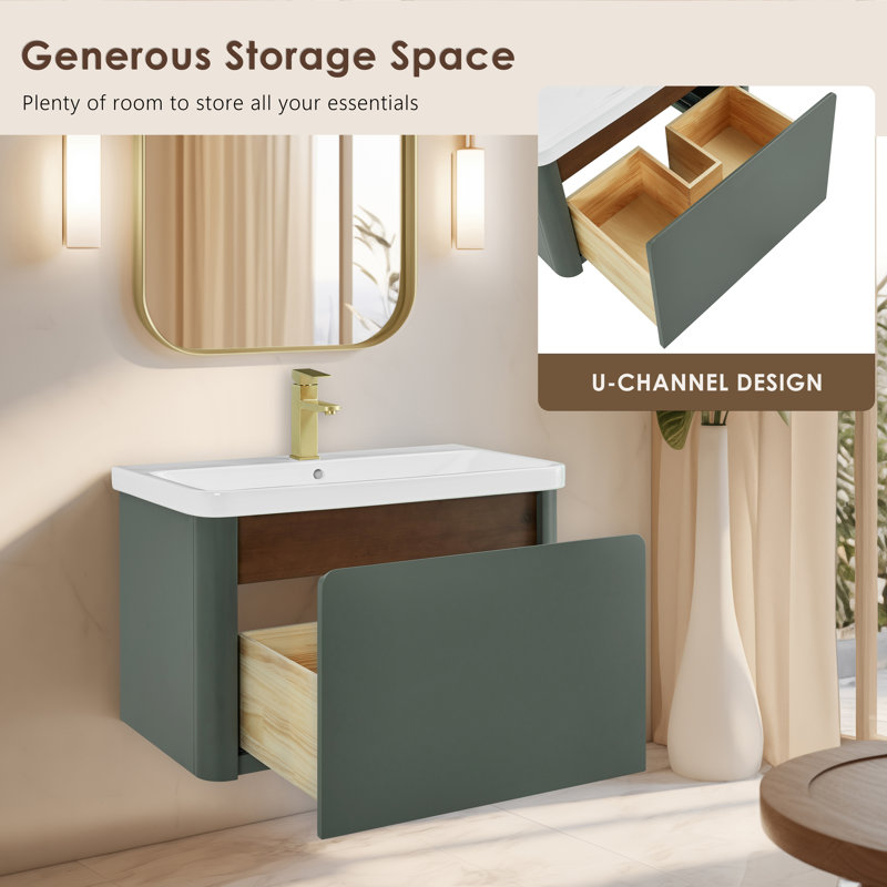 Barkley 30" Floating & Wall-Mounted Single Bathroom Vanity In Vintage Green With Ceramic Integrated Sink And Countertop