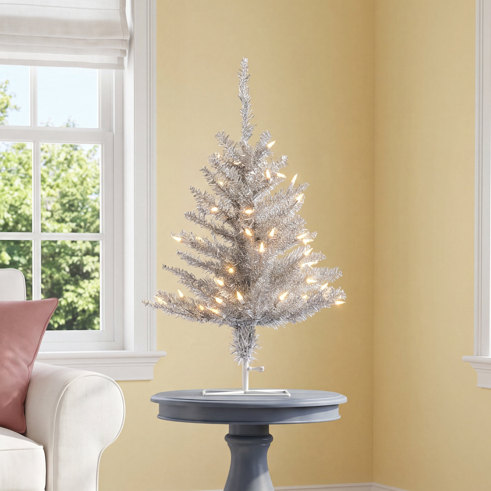 Vickerman 2' x 20" Silver Tinsel Christmas Tree with 50 Warm White LED Lights.