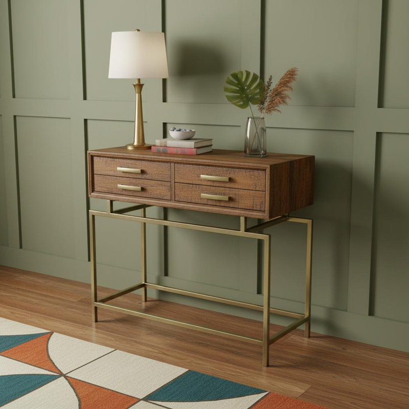 Console de rangement de 91 cm (36 po) en bois massif brun et laiton vieilli