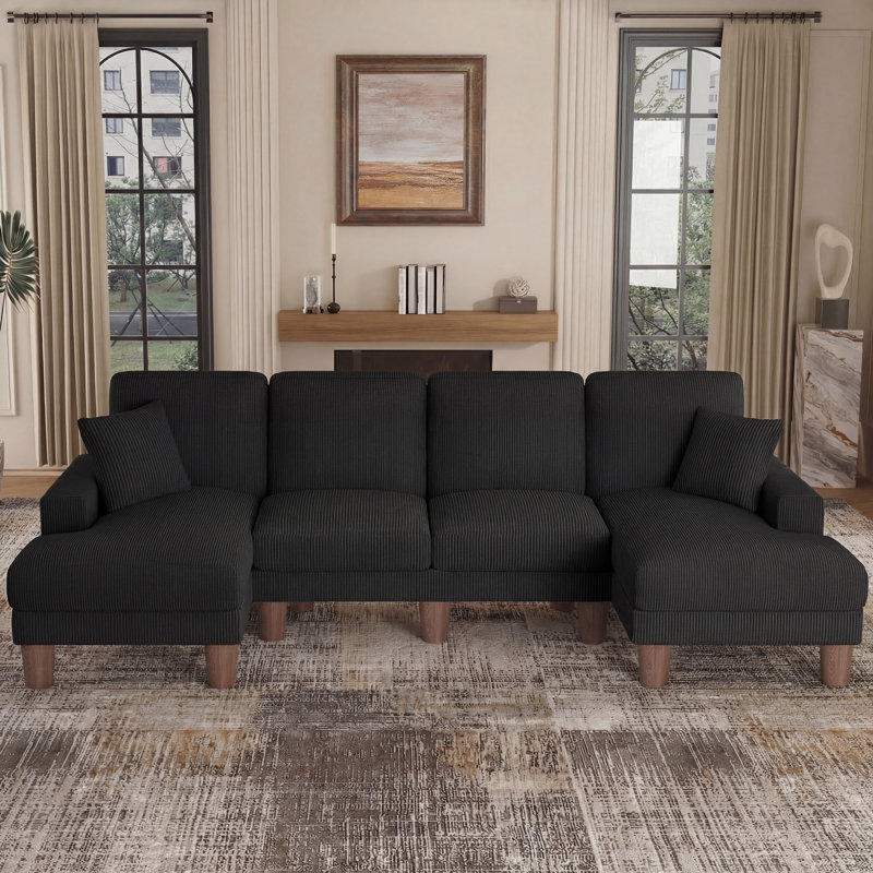 Modern Oversize 269cm 4-Seater Corduroy U-Shaped Sofa and Chaise With Solid Wood Legs, Black