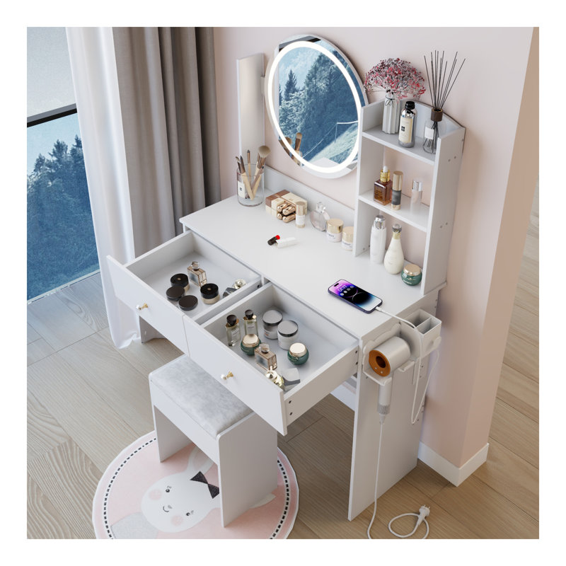 17" Round LED Mirror Vanity Table+Cushioned Stool, Equipped With 2 AC+2 USB Power Socket, Big Mirror, Touch Switch, 3 Colors, Adjustable Brightness, Large Desktop, Multi-Layer High Capacity Storage