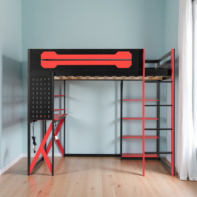 Full Size Wood Loft Bed With Desk, Shelves, Power Outlet & USB/Type-C Ports, , And RGB Light