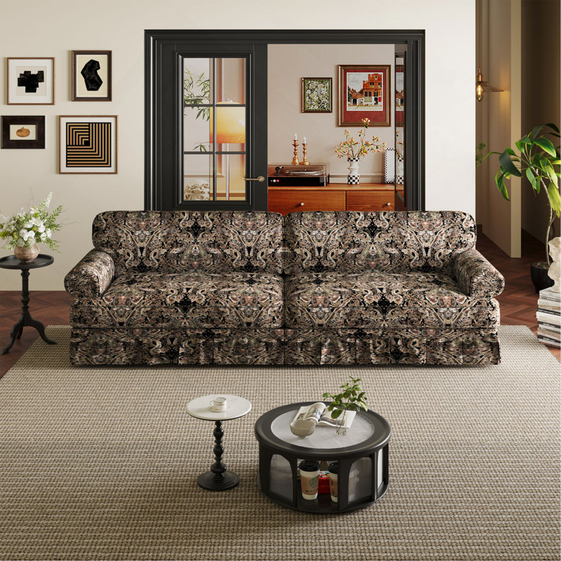 Canapé en tissu luxueux et confortable à 3 et 4 places avec accoudoirs roulés et jupe plissée, siège en tissu 26,4 po pour siège d'appoint, bureau