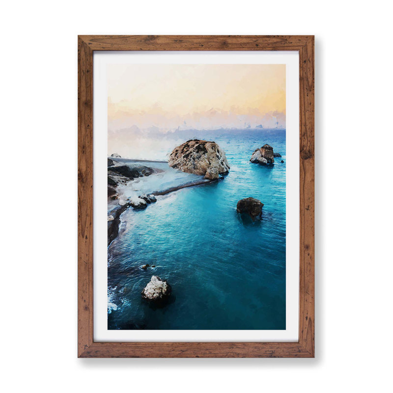 The Rock of Aphrodite Beach in Cyprus - Wall Art, 24cm H x 33cm W x 2cm D, Walnut Framed