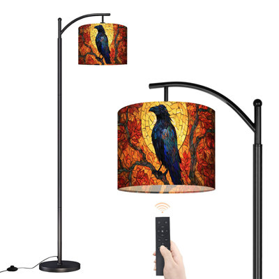 Arc Floor Lamp with Adjustable Lampshade Crow Bird Lovers Raven Sun Tree Mosaic Standing Lamp 3 Color Temperatures Dimmable Tall Pole Lamp with Foot Switch for Bedroom