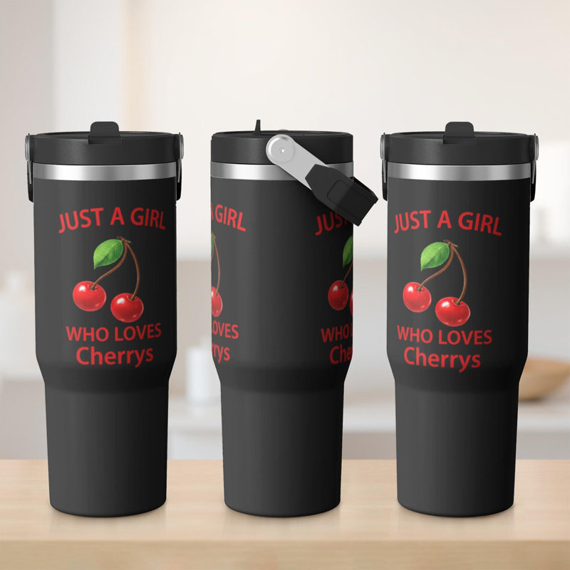 Gobelet 30 oz avec couvercle et poignée Gobelets isothermes en acier inoxydable Bouteille d'eau mignonne avec bascule (cerise)