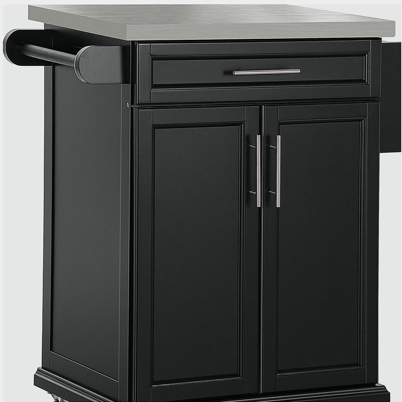 Mobile kitchen island with stainless steel countertop, drawers, towel rack, and spice rack, practical storage trolley, black
