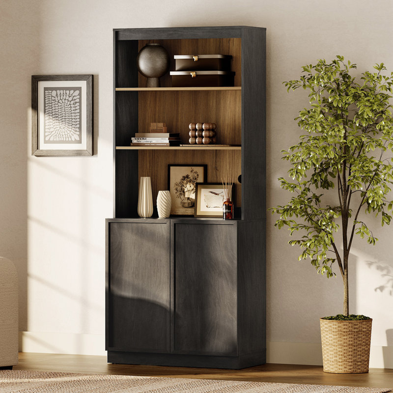 Bibliothèque moderne de 72 po de hauteur avec portes et tablettes réglables, bibliothèque avec armoire de rangement et tablettes ouvertes, bibliothèque en bois pour bureau à domicile, salon