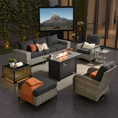 Ensemble de meubles de patio 9 pièces avec table de foyer, chaises berçantes pivotantes en osier d'extérieur avec coussins confortables, ensemble de canapé à dossier haut toutes saisons pour la cour ou la pelouse