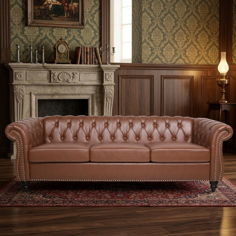 Canapé Chesterfield en similicuir avec accoudoirs roulés et capitonnage à boutons, 3 Seater, Brown