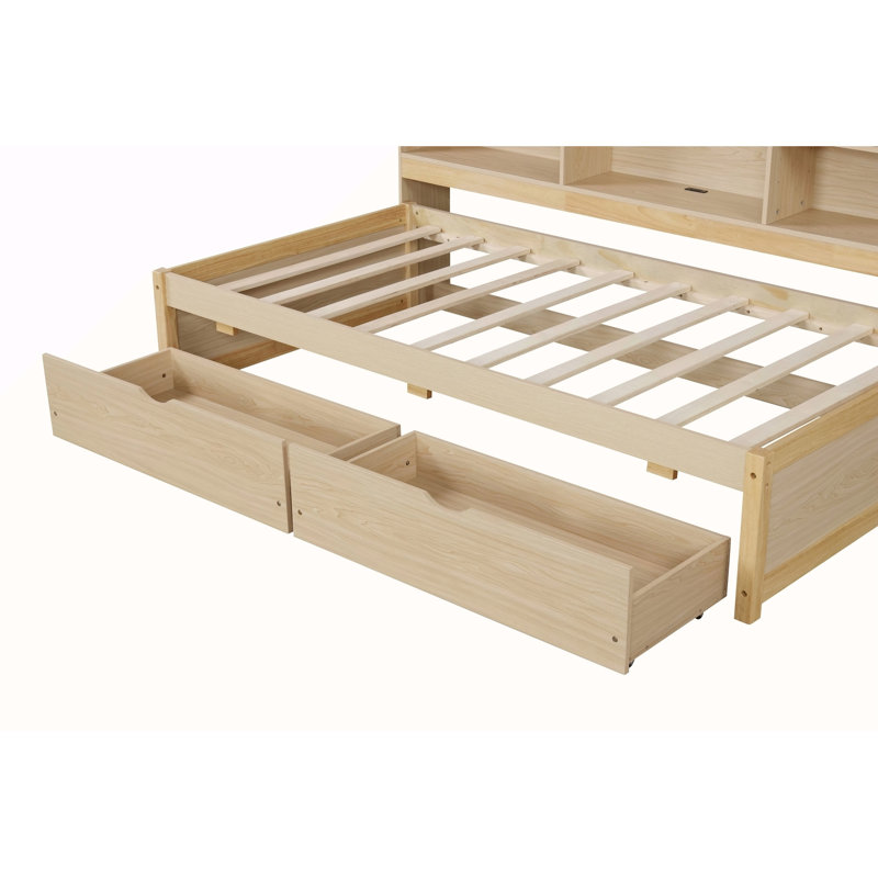 Cadre de lit simple avec tablettes latérales, deux tiroirs et port USB intégré pour une couleur naturelle