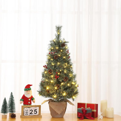 Mini arbre de Noël illuminé 2 pièces 3 pi, arbres de Noël artificiels pour table, petit arbre de Noël en pot avec 78 lumières DEL, base en toile de jute, baies rouges et pommes de pin