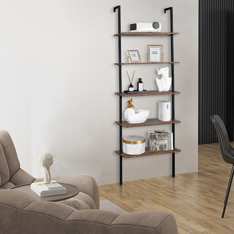 Industrial 5-tier Wall Mounted Ladder Bookcase - Open Shelf Bookshelf With Metal Frame, Rustic Brown Wood & Black, 23.6”l×11.8”w×70.9”h