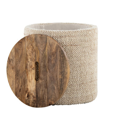 Handwoven Wool And Mango Wood Beige Multi - Purpose Storage With Contemporary Styling, Removable Lid, 15.92 In Depth, Width, 17 Height, Indoor Use Only, 250 Lbs Weight Limit, No Assembly Purpose, 15