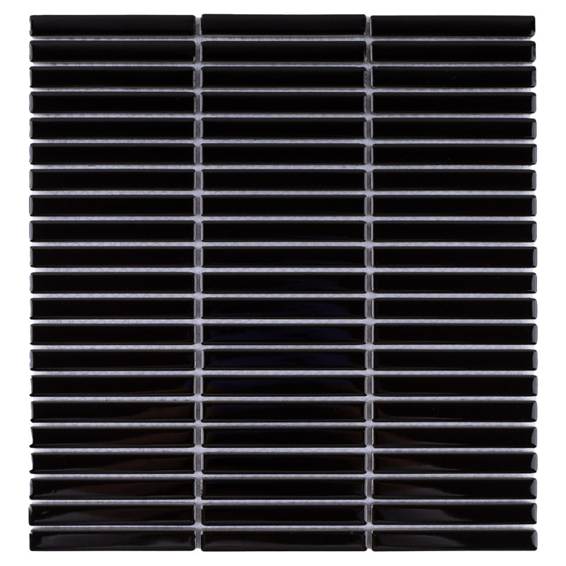 Porcetile 11.2 in. x 11.91 in. Stacked Porcelain Mosaic Wall and Floor Tile, Glossy Black