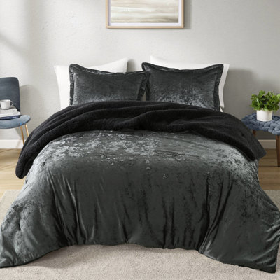 3 pièces, double / grand, velours écrasé, édredon réversible, gris anthracite, rembourrage doux, sans danger pour la peau