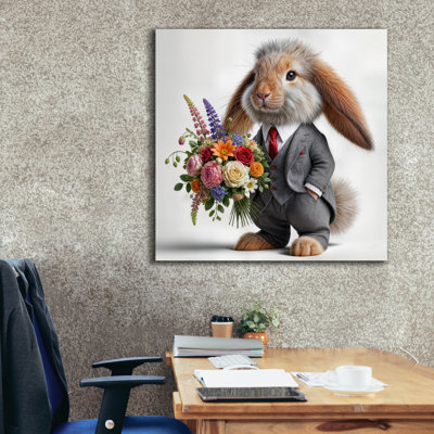  «Formal Bunny With Flowers» par Rey Klimt, art mural sur toile, 37 po x 37 po
