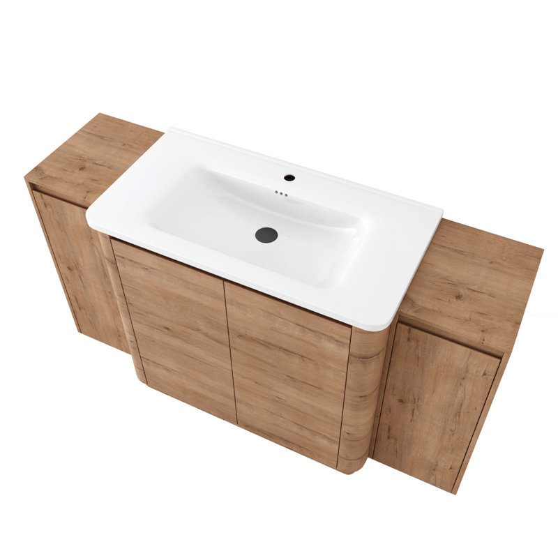 Meuble-lavabo autoportant de 60 po avec lavabo en céramique blanche, 2 petites armoires de rangement, porte à fermeture en douceur, chêne imitation, emballage KD, contreplaqué