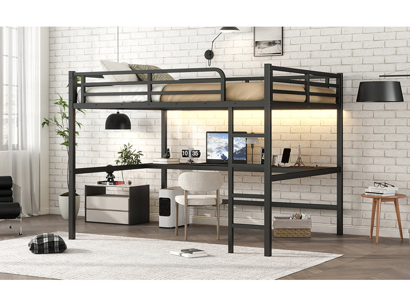 Metal Queen Size Loft Bed With Power Outlet And LED Lighted, Space-Saving, Noise Reduced, Black, Black