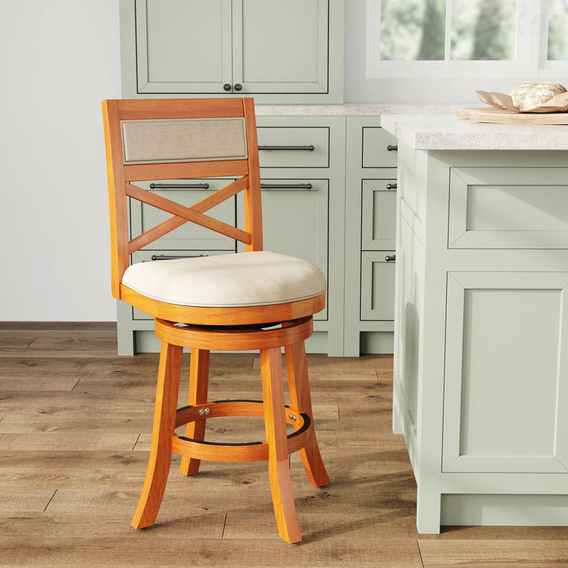 24" Counter Height X-Back Swivel Function Stool, Natural Finish, Beige Upholstered In Fabric In Stylish Offices Seat