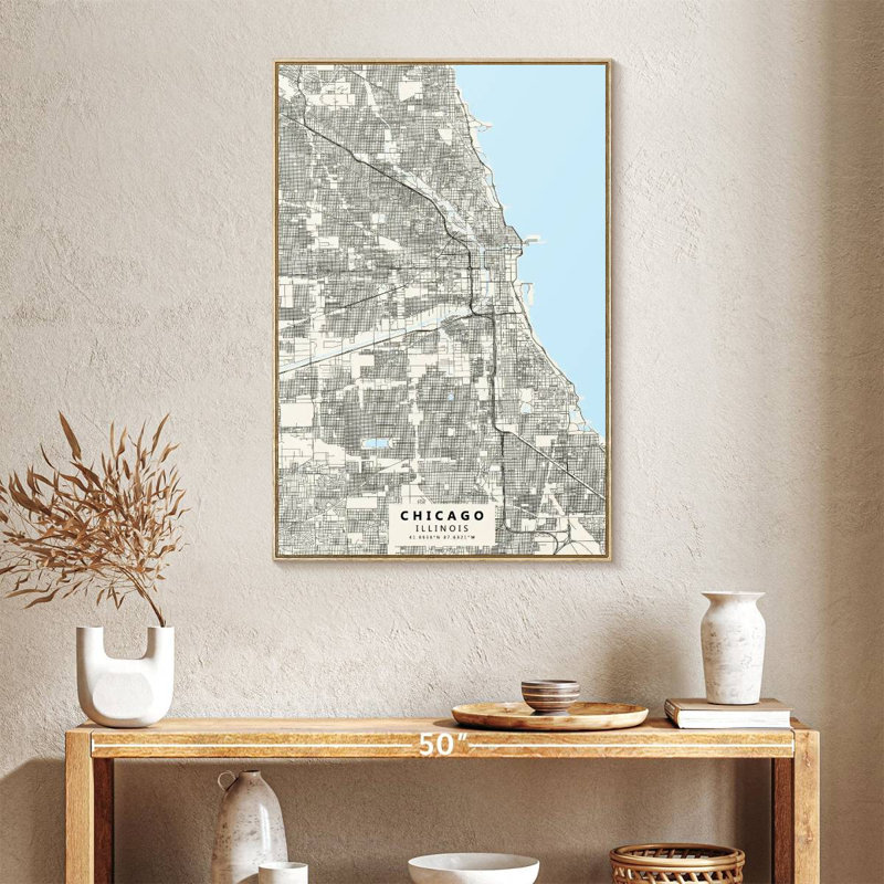 Carte de la ville de Chicago, Floating Frame Natural Wood, 25" x 37"