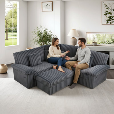 Corduroy 3-Seat Storage Sectional Sofa with USB Charging & Ottoman — L-Shaped Modern