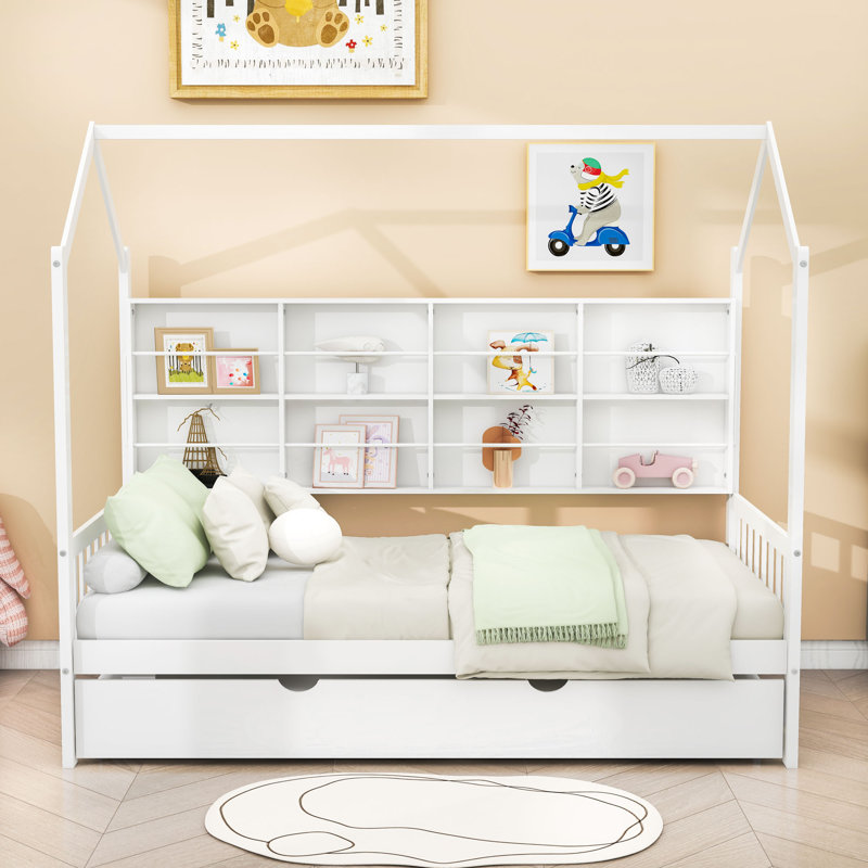 Lit plateforme avec couchette et tablette en bois Berni, Blanc, Simple